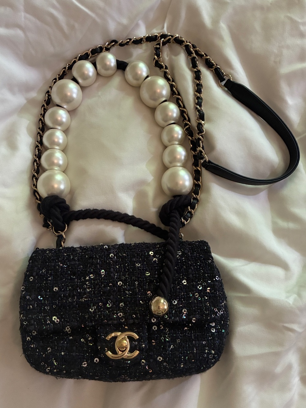Chanel Black Sequined Pearl-Handle classic flap Mini Shoulder Bag runway